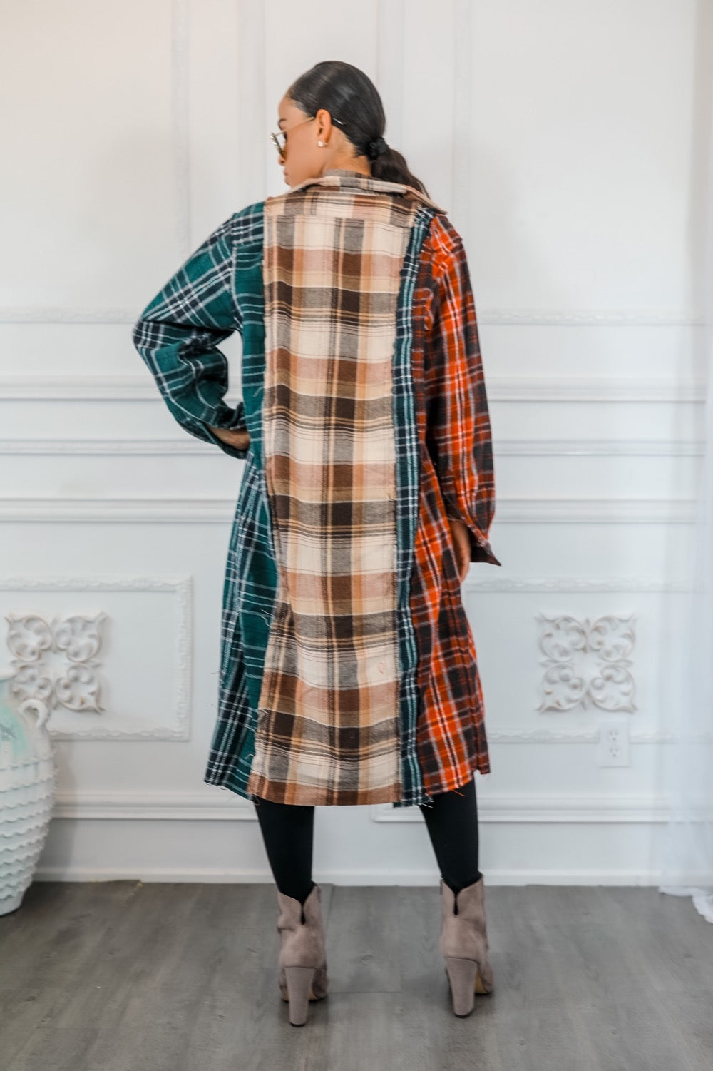 Distressed Long Plaid Patches Shacket