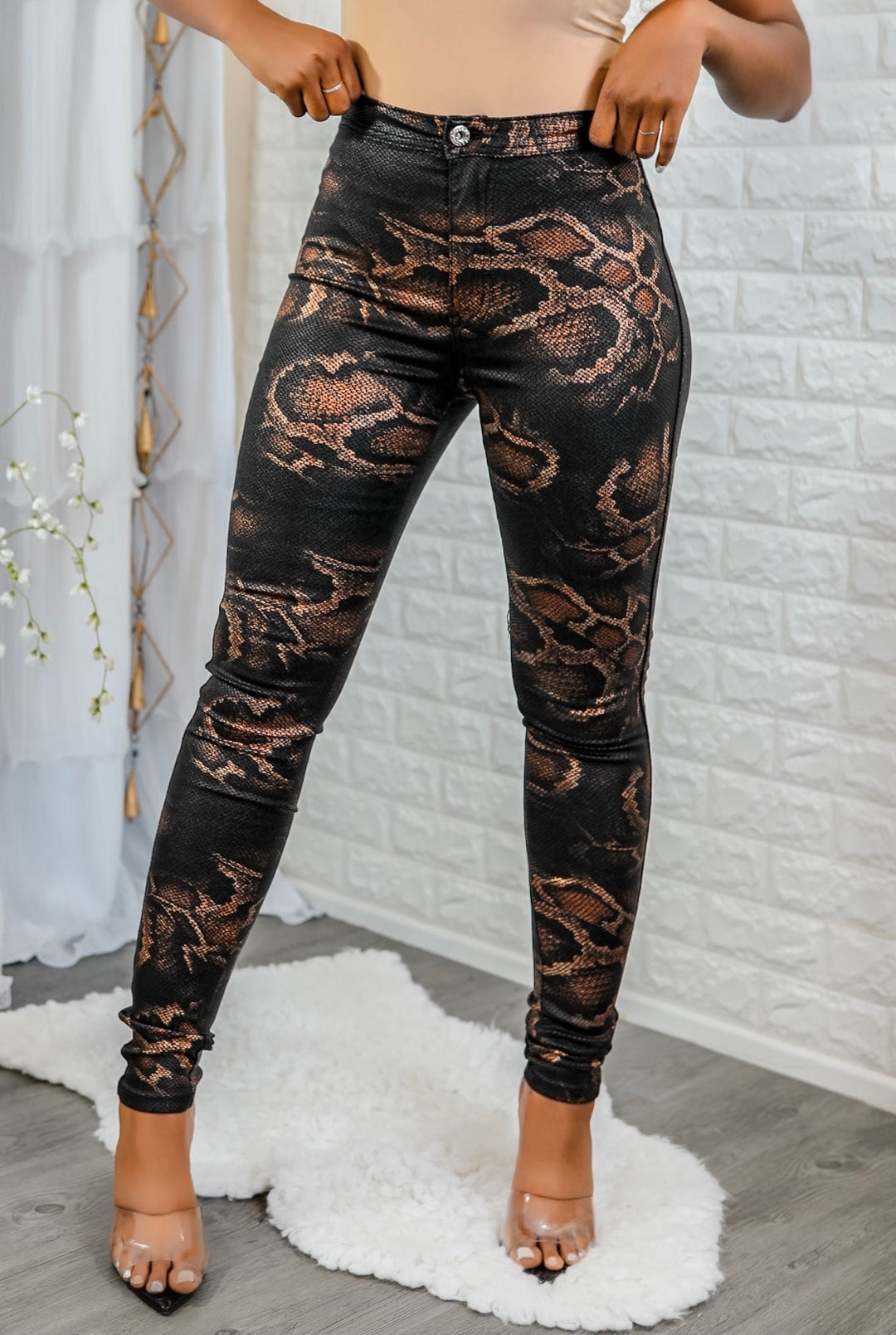 Coated Snake Print Skinny Jeans - SURELYMINE