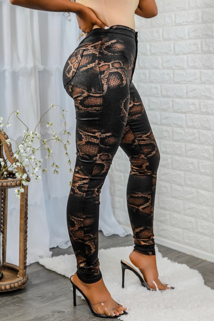 Coated Snake Print Skinny Jeans - SURELYMINE