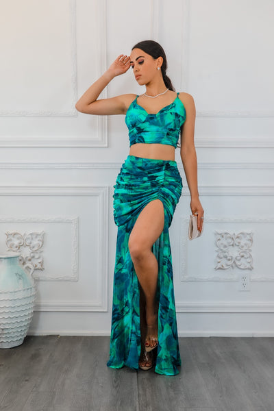 Dipped in Green Ruching Maxi Skirt Set with Plunging Slit