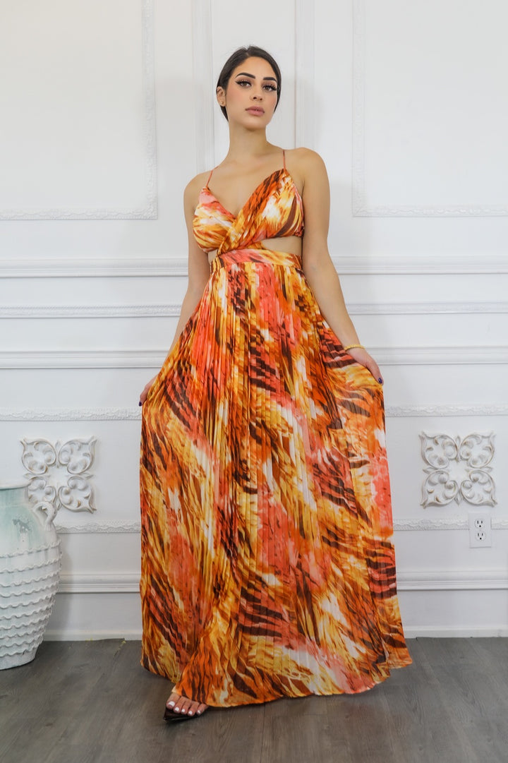 Pleated Cut Out Chiffon Maxi Dress