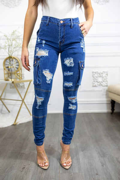 Super Stretch Distracted Distressed Cargo Skinny Jeans
