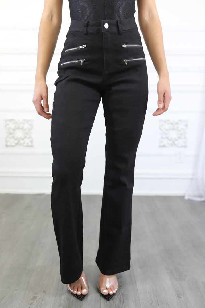 Black Flared Slacks With Double Zipper Detail