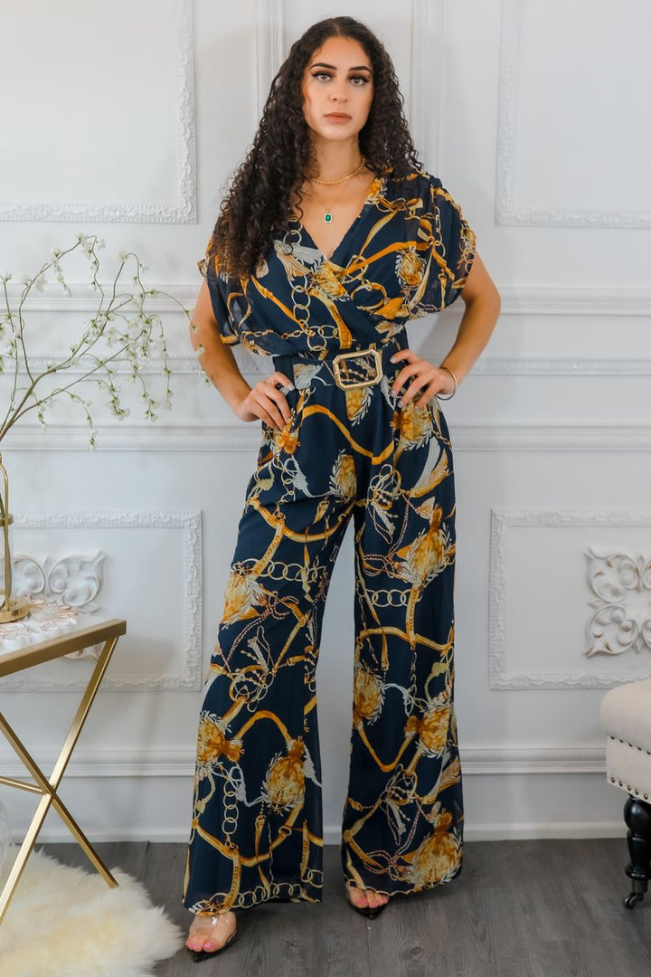 Printed Chains Belted Palazzo Jumpsuit