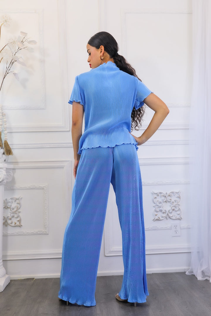 Pleated Mock Neck Short Sleeves Pant Set