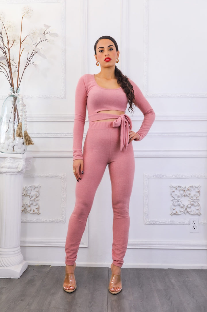 Side Tie Detailed Hacci Crop Top and Leggings Set