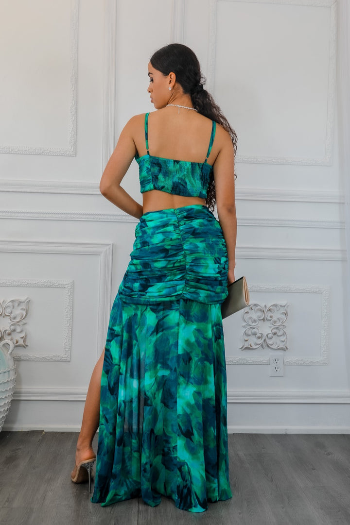 Dipped in Green Ruching Maxi Skirt Set with Plunging Slit