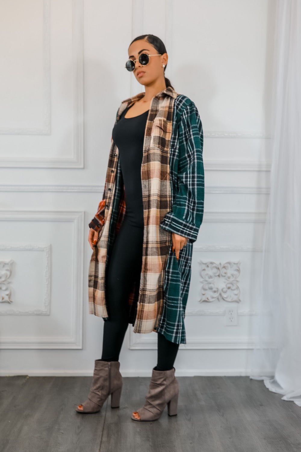 Distressed Long Plaid Patches Shacket