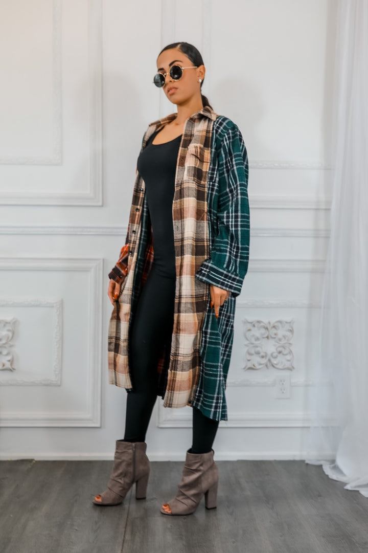 Distressed Long Plaid Patches Shacket